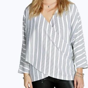 Boohoo Plus Wrap Front Top Sz 14 Striped Black‎ White Dressy Casual Stretch Knit